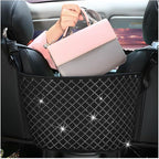 Bling Car Net Pocket Handbag Holder, Rhinestone Vehicle Backseat Purse Organizer Between Seats, Diamond Hanging Storage Bag Barrier of Pet Kids, Universal Automotive Accessories (Black)