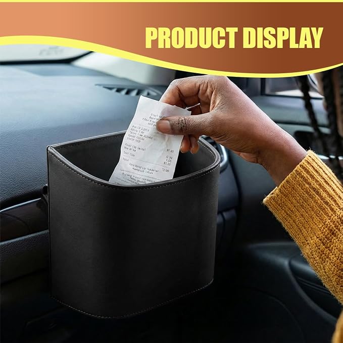 Leather Car Trash Can, Clip on Small Car Garbage Can, Waterproof Leakproof Back Seat Trash Bin, Multifunctional Vehicle Storage Organizer for Trucks, SUVs (Black)