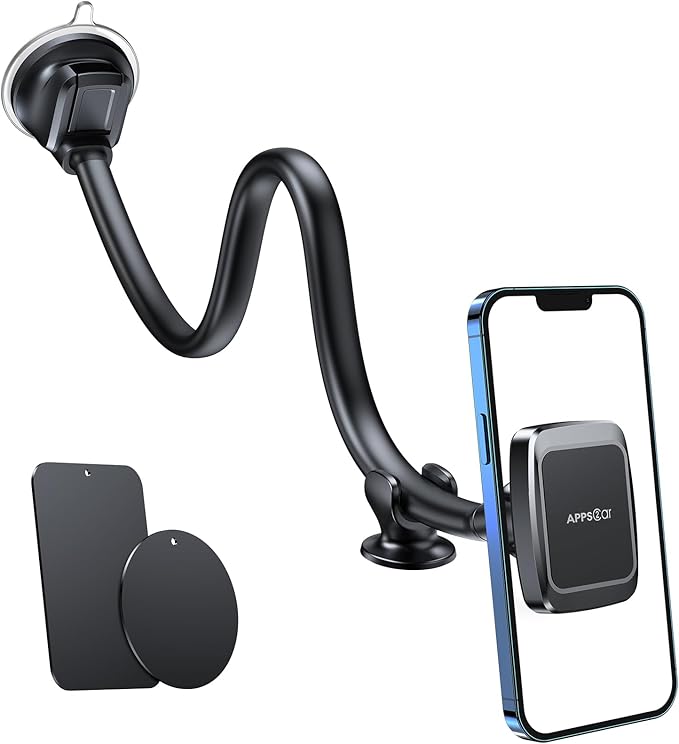 Magnetic Phone Holder Mount with 13-inch Flexible Long Arm & 6 Strong Magnets, Anti-Shake Holder for Truck Windshield Dashboard, Suction Car Mount for All Phones