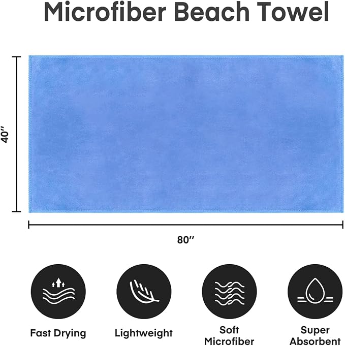 Extra Large Bath Sheet Towels, 40" x 80", Blue, Pack of 2 | Microfiber, Hanging Loop, Super Absorbent, Fast Drying, For Adult Sauna Hotel Beach Sports Fitness Yoga