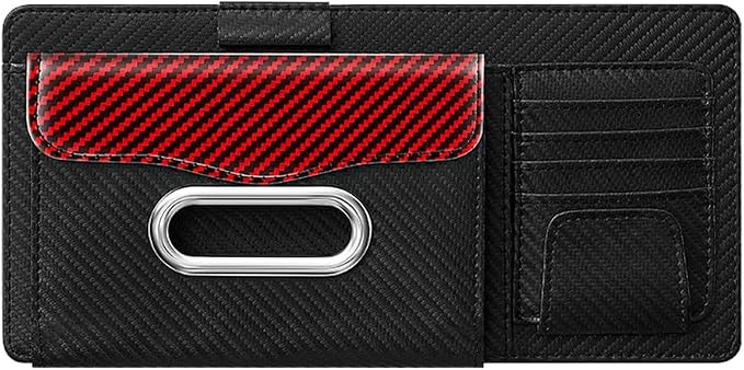 Car Sun Visor Organizer, Carbon Fiber Visor Glasses Tissue Card Holder Storage Pocket Pouch, Multifunctional Auto Sunshade Organizer Case Bag for Pens Documents Napkin, Universal Fit (Red)