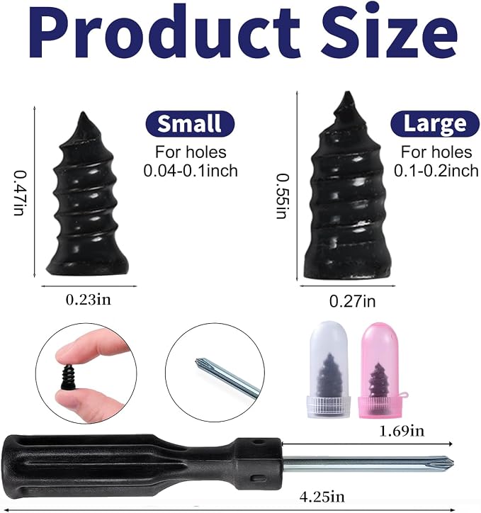 Tire Plugs Screw Type,Tire Repair Rubber Nail Kit, 2 Size Vacuum Tire Plug Kit, Carbon Steel Center, for Car, Motorcycle, Truck, Bicycle, ATV, with Storage Case