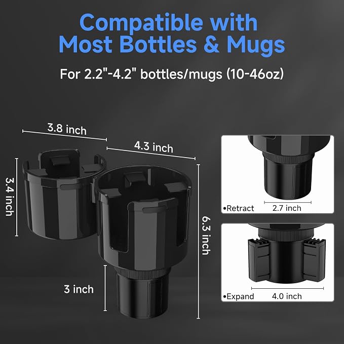 Car Cup Holder Expander, 2 in 1 Cup Holder Adapter Extender for Car with Expandable Insert, Fits Yeti, Hydroflask and Other Large Water Bottles & Mugs in 2.2"-4.6" (10-46oz)