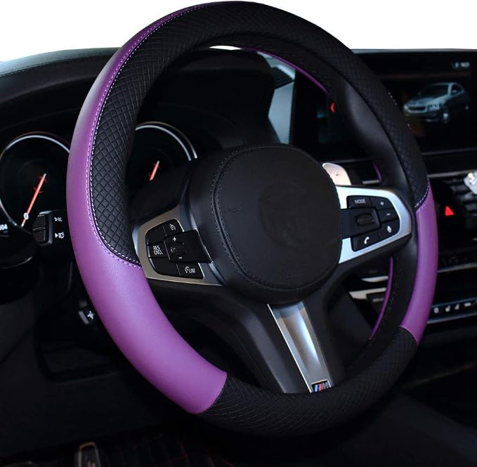 Car Steering Wheel Cover, Leather, Universal 15 Inch Fit, Anti-Slip & Odor-Free (Black&Purple)