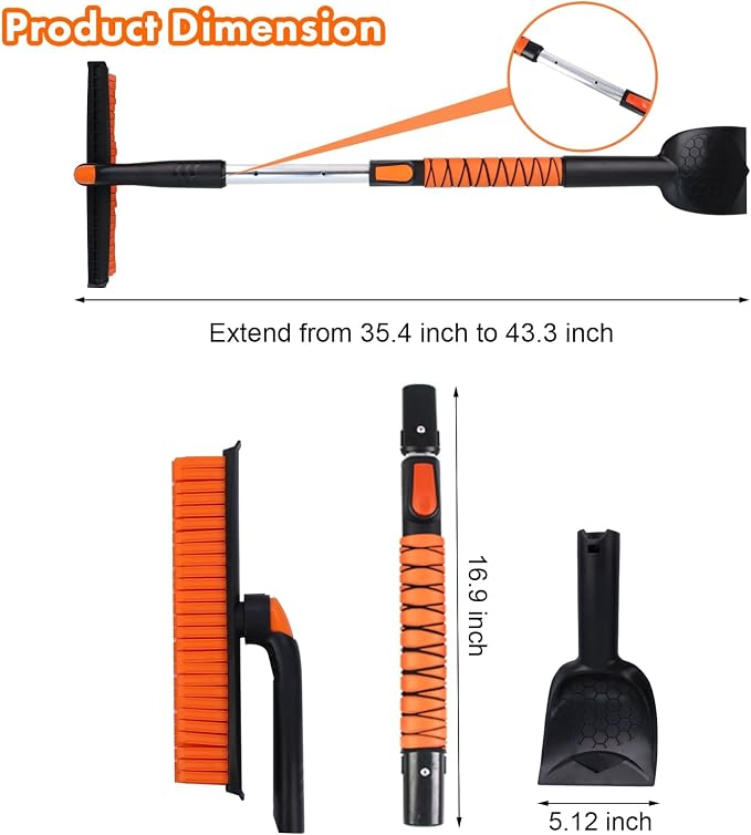3 in 1 Silicone Snow Brush with Ice Scrapers, 39.37" Extendable Window Ice Removal with Squeegee for Windshield, 360° Pivoting Brush Head Cleaner Tool for Car, Truck, SUV