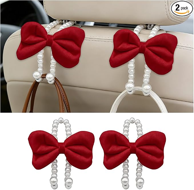 2PCS Bow Pearl Car Seat Headrest Hook, Cute Vehicle Seat Hangers Storage Organizer for Handbag Purse Coat, Auto Interior Headrest Decorative Hook, Universal for SUV RV Truck (Red)