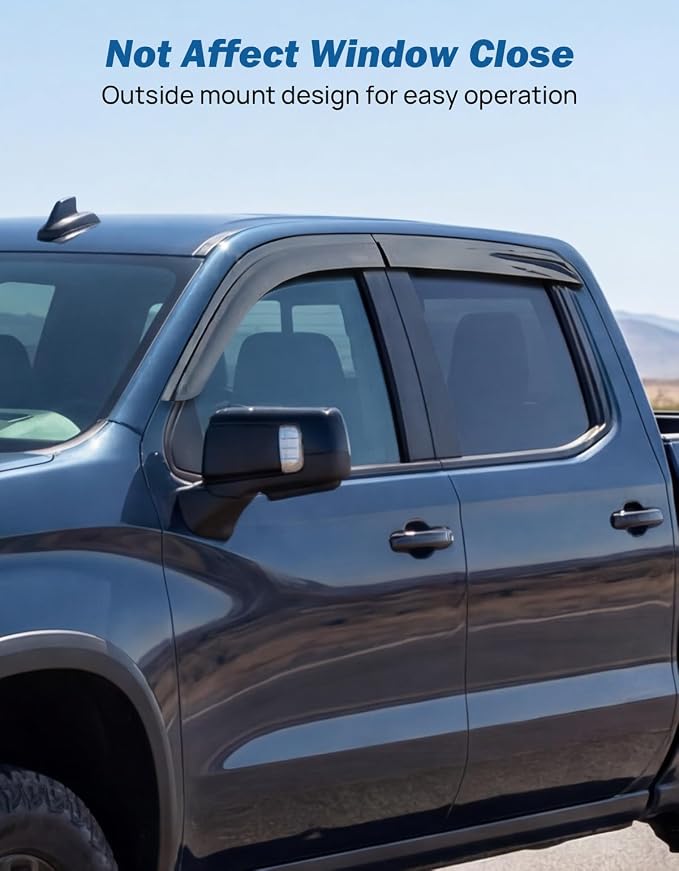 Low Profile Window Rain Guards Compatible with 2019-2026 Silverado/GMC Sierra 1500, 2020-2026 Silverado/GMC Sierra 2500HD/3500HD Crew Cab, Outside Mount Window Vent Visors, 4pcs