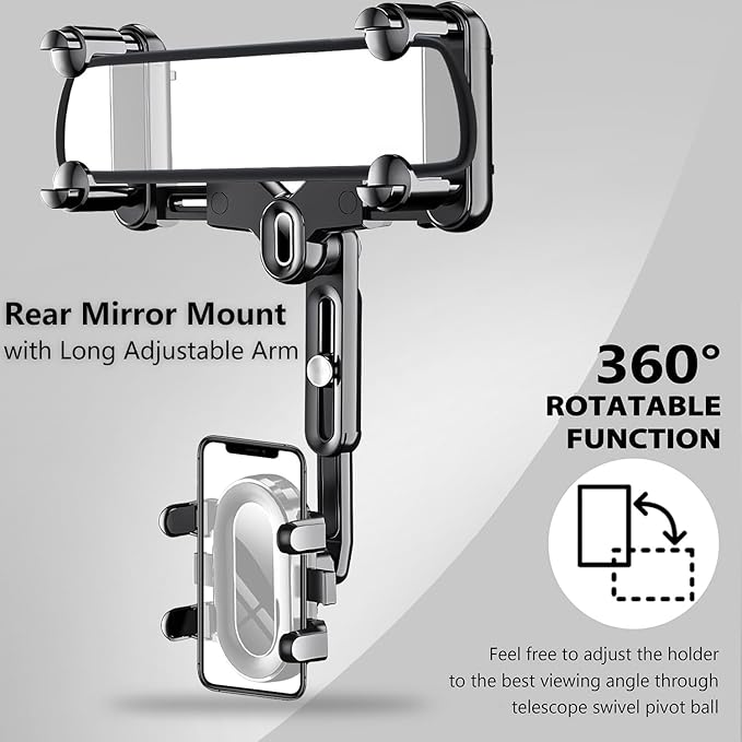 Rearview Mirror Phone Holder for Car, 360° Rotating and Retractable Multifunctional Rear View Phone Mount, Upgraded Four Corners Fixed Anti-Shake Fit All Smartphones & Bigger Vehicle