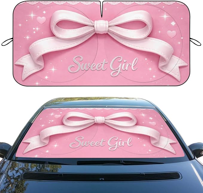 Cute Car Windshield Sunshades Pink Ribbon Sweet Coquette Aesthetic Kawaii Front Window Sun Shade Rays Sun Shade Visor Protector for Car Sedan Truck SUV Accessories 59" L x 31.5" W