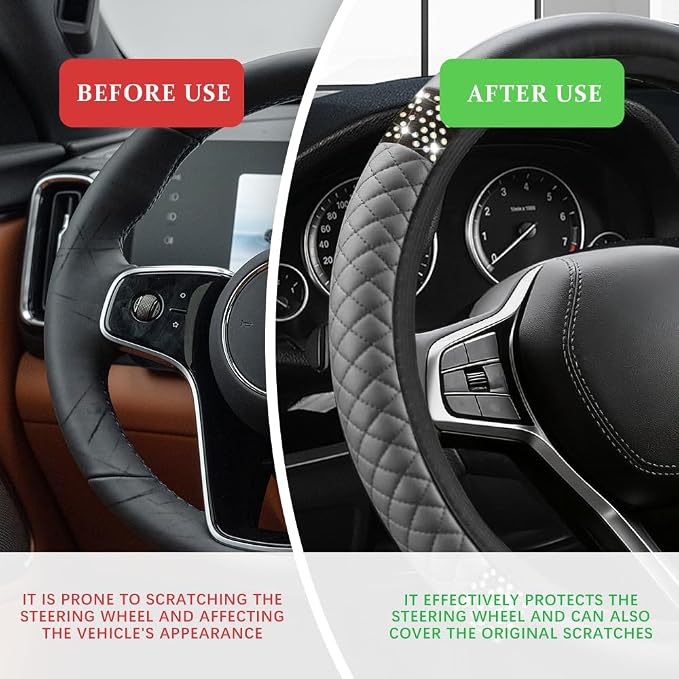 Bling Soft Leather Steering Wheel Cover, Steering Wheel Protector, 15 Inch Rhinestones Car Elastic Protector with Crystal Diamond for Women Girls, Car Accessory for Vehicles (Grey)