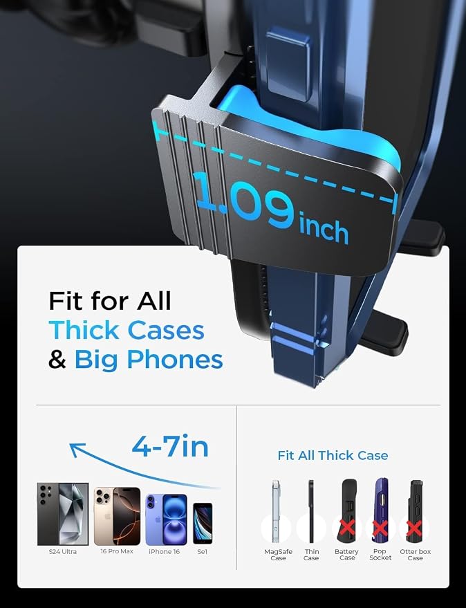 Universal Phone Holders for Your Car, [Never Fall Off] Car Vent Cell Phone Mount [Big Phone Friendly] Gifts Accessories for Women Men fit iPhone 17 16 15 14 13 12 All Smartphones, Black | Wider Clamp & Metal Hook Air Vent Phone Mount for Car Hold...
