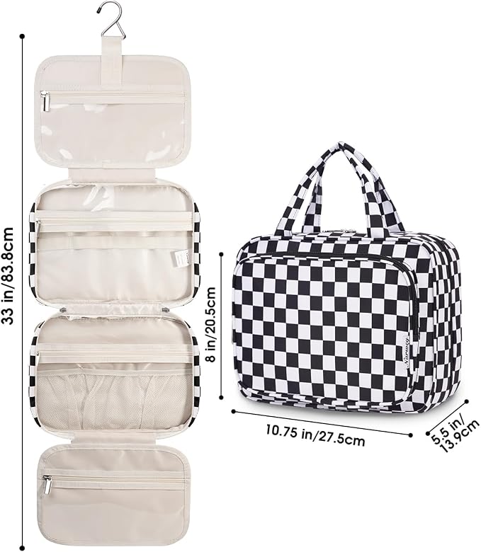 Hanging Toiletry Bag for Women Travel Makeup Bag Organizer Toiletries Bag for Travel Size Essentials Accessories Cosmetics (Black Checkerboard (Medium))