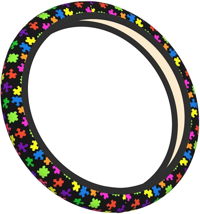 Elastic Puzzle Pieces Neoprene Car Steering Wheel Cover Protector Upgrade Thicken,Autism Awareness Colorful,Anti Slip Soft Car Accessories for Diverse Cars Truck SUV for Men Women Universal 15 Inch