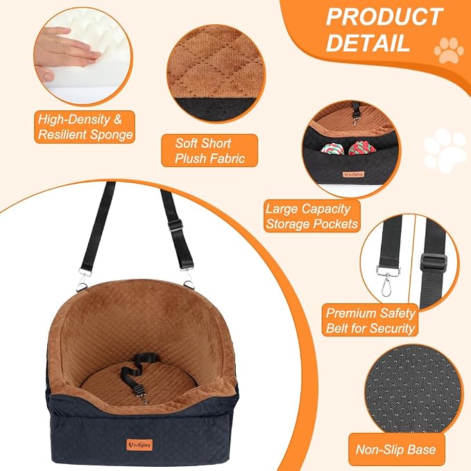 Dog Car Seat for Small & Medium Dogs, Detachable & Washable Booster Seat for Pets Up to 30lbs, Travel Bed with Storage Pockets and Safety Belt – Brown&Black
