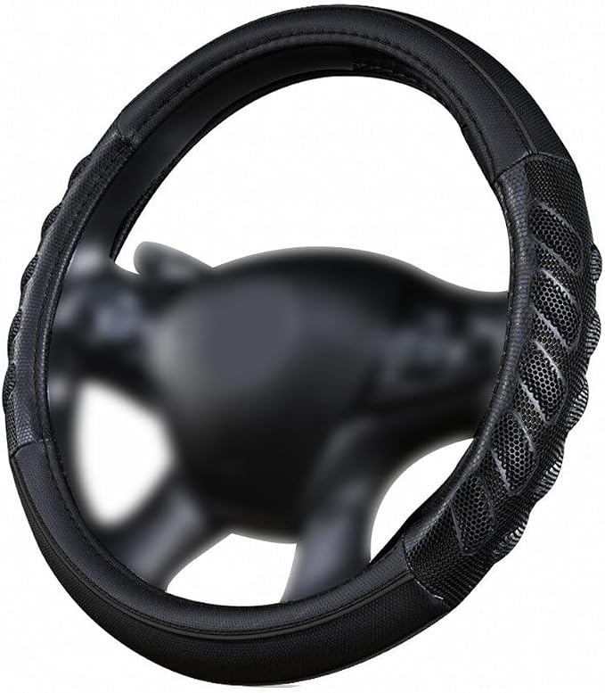 car Steering Wheel Cover Faux Leather Massage Universal fit 3D Honeycomb Hole Anti-Slip Sporty 15 Inches (Black Black)
