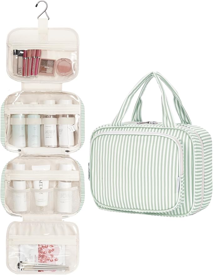 Striped Hanging Toiletry Bag for Women Travel Makeup Bag Organizer Toiletries Bag for Travel Size Essentials Accessories Cosmetics (Mint Green Stripe (Medium))