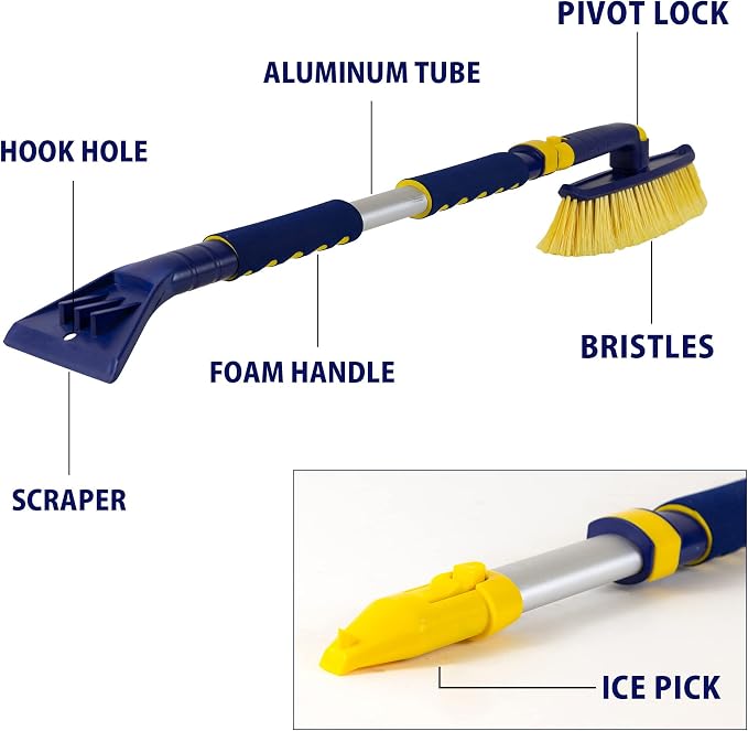 Snow Brush for Car Windshield – Ice Scraper with 34-50” Hybrid Extendable Handle Ergonomic Multi-Tool Detachable Swivel Head Non-Slip Foam Grip Heavy Duty Snow Remover for SUV, Truck