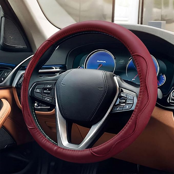 15 Inch Leather Car Steering Wheel Cover for SUV, Truck, Burgundy | Anti-Slip Breathable Automotive Steering Wheel Protector, Universal Heat Resistant Vehicle Interior Accessories