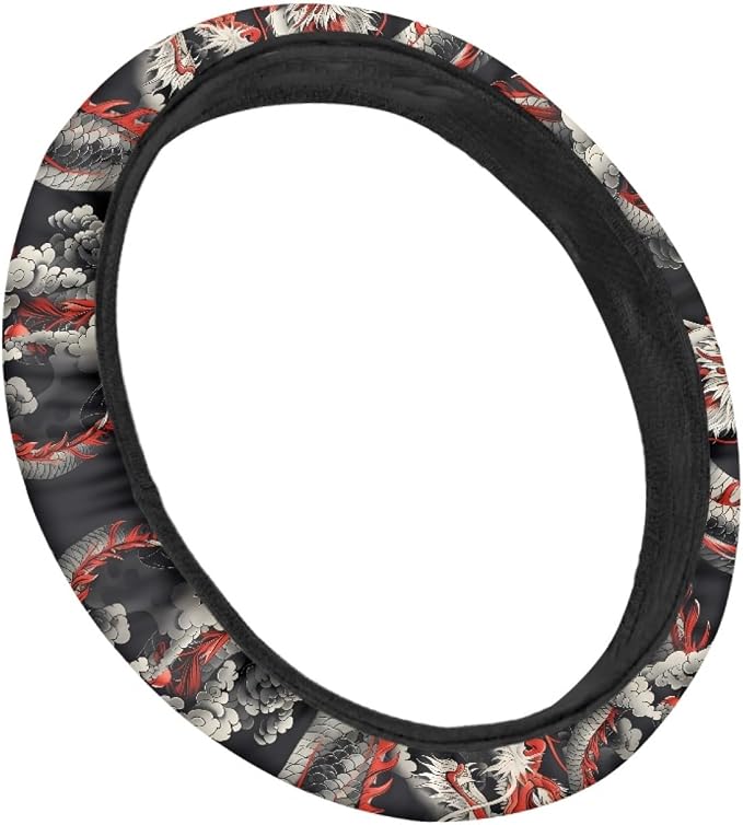 Cool Dragon Print Car Steering Wheel Covers Sweat Anti-Slip Soft Grip Universal 14-15 inch Stretch-on Fabric Steering Wheel Soft Protector Steering Wheel Covers Car Accessories