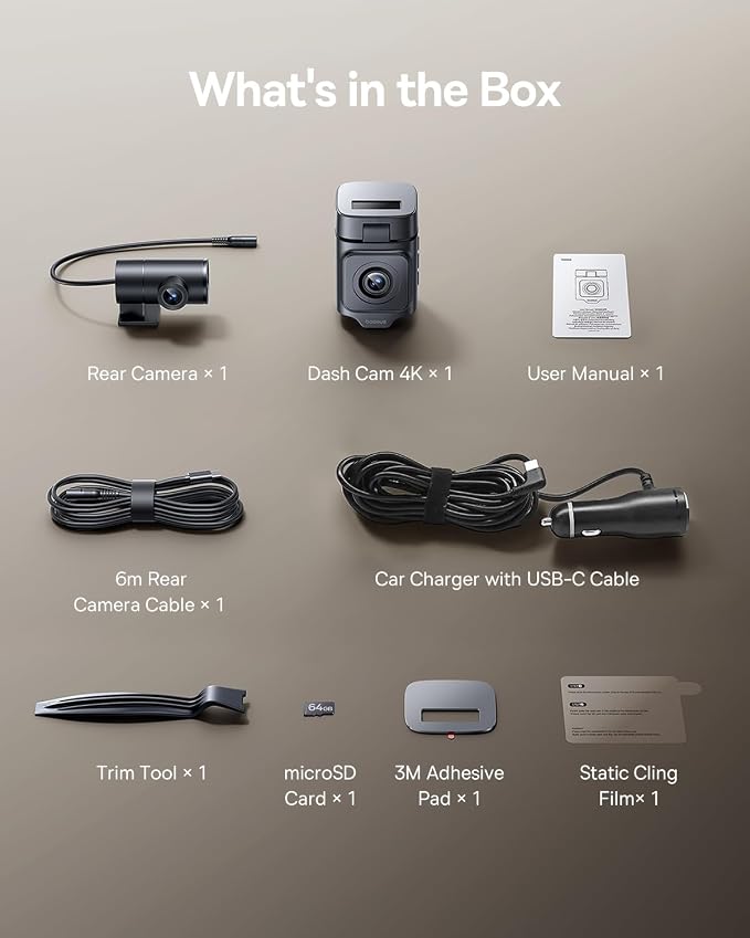 VD1 Pro Solar Dash Cam Front and Rear, 4K+1080P Dash Camera for Cars, Battery Powered Parking Mode, Starvis Night Vision, 32 GB Card Included, 5GHz WiFi, GPS, Wide Angle,Voice Control