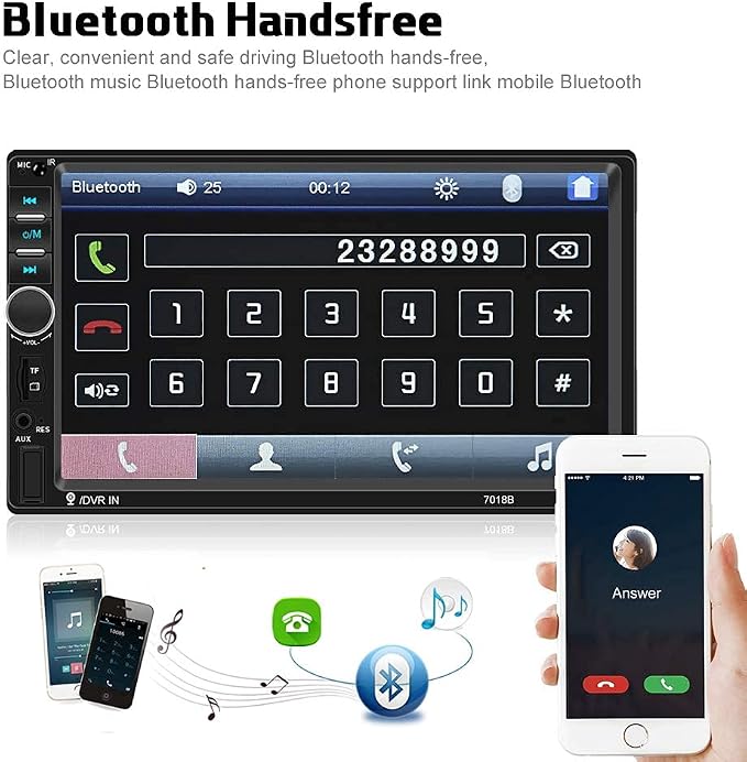 Car Radio Double Din Car Stereo 7" LCD Touch Screen in-Dash Head Unit with Bluetooth Support Mirror Link/DVR/USB/FM/SD/MIC MP5 +Rear View Camera& Remote Control