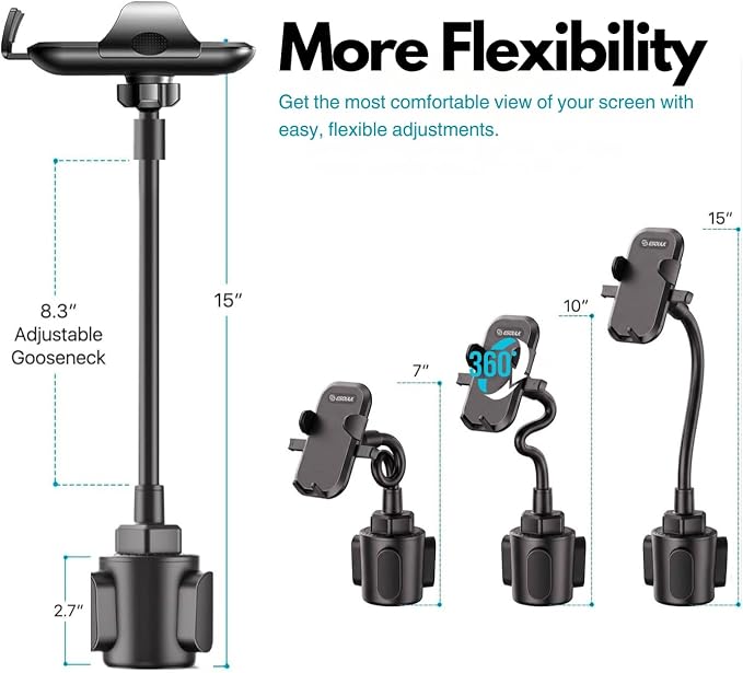 Cup Holder Phone Mount 15 Inch Adjustable Gooseneck Arm for Car | Adjustable long arm and stable cup holder base keep your phone secure, easy to reach, and clear to view while driving