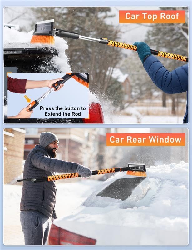 55" Telescopic Snow Brush and Ice Scraper for Car Windshield & Windows | 270° Rotating Snow Broom with Squeegee | Extendable Snow Removal Brush for SUV, Truck, and Car