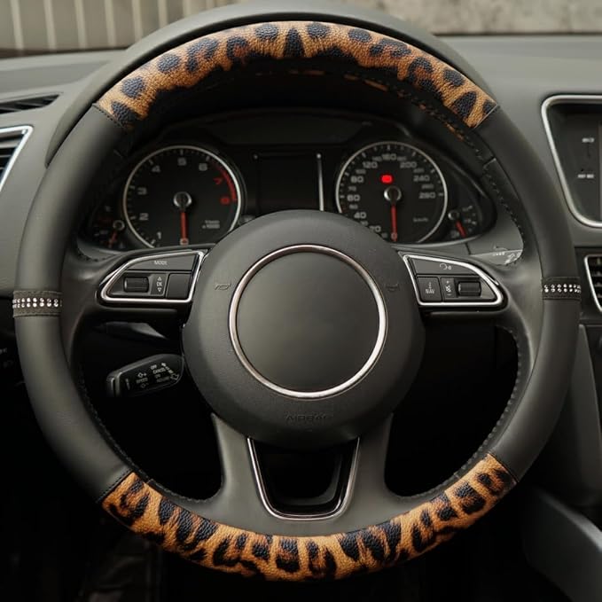 Leopard Steering Wheel Cover, Made with Breathable Microfiber Leather Cheetah Print, Anti-Slip, Universal Fit 14 1/2 inches to 15 inches, Black