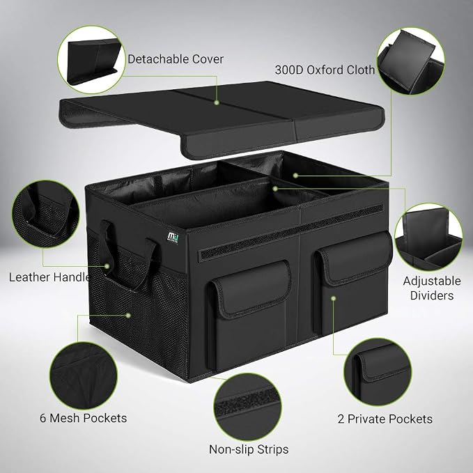 Car Trunk Organizer with Lid, Collapsible Car Storage Organizer with Reinforced Leather Handles, Non-Slip Bottom, Trunk Organizer for SUV, Van, Jeep (Black with Strap, Extra Large)
