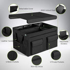 Car Trunk Organizer with Lid, Collapsible Car Storage Organizer with Reinforced Leather Handles, Non-Slip Bottom, Trunk Organizer for SUV, Van, Jeep (Black with Strap, Extra Large)