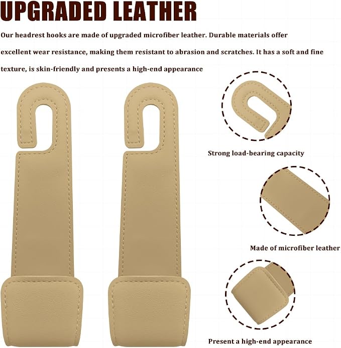 2PCS Car Seat Headrest Hooks, Purse Hook for Car, Automotive Headrest Handbags Holder, Auto Accessories Leather Seatback Organizer Hanger for Hanging Purses Bags Coats (Beige, 2PCS)