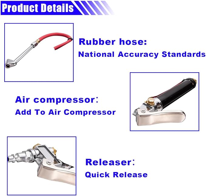10-120 PSI Tire Pressure Gauge with Inflator 12" Air Hose, Heavy Duty Dual Head Air Chuck with 4 Way Tool and Valve Cores, Tire Inflator Car Accessories for Truck SUV Motorcycle