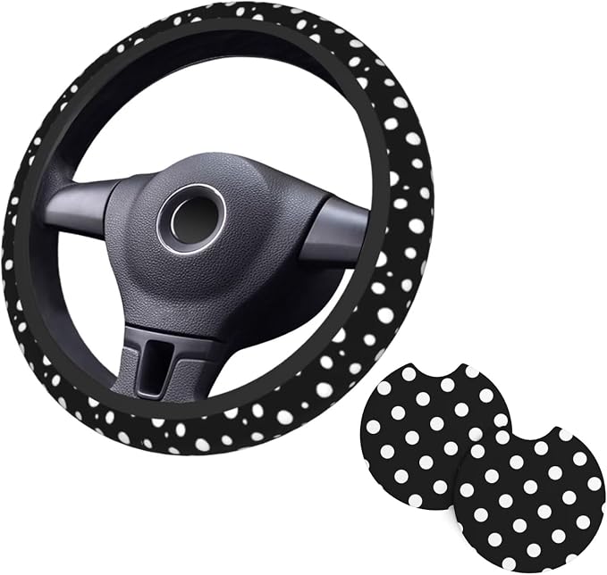 Polka Dot Steering Wheel Cover - Black White Polka Dots Steering Wheel Cover Anti-Slip 15 Inch Universal 2 Pcs Car Interior Cup Holder Pad for Men Women