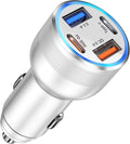USB C Car Charger, 65W 4 Port Dual 12V USB C & USB A Car Cigarette Lighter Adapter QC/PD 30W Fast Charge Car Phone Charger for iPhone 16 15 14 13 12 iPad Pro,Samsung,Pixel(Silver)