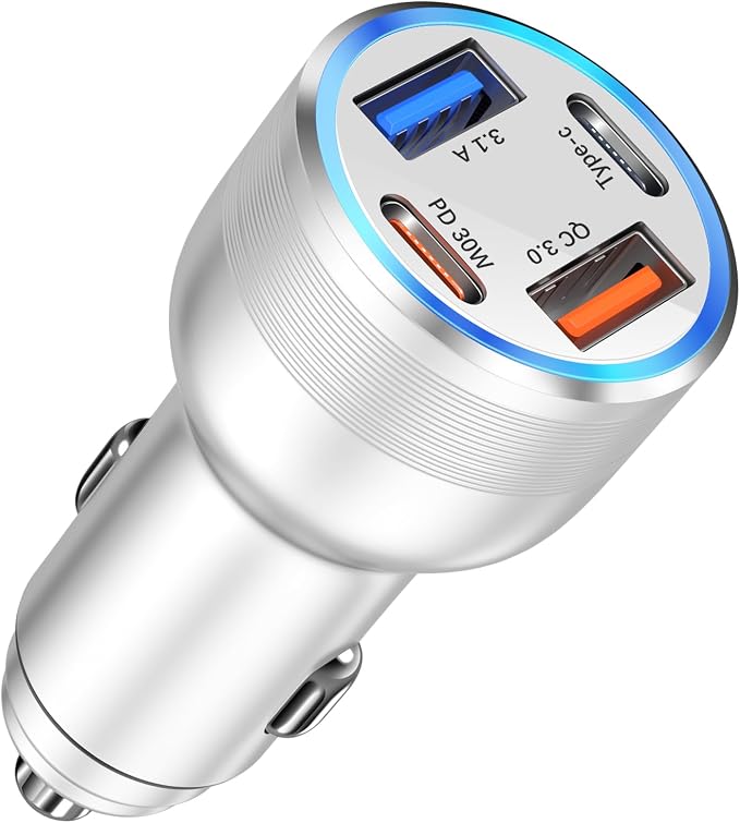 USB C Car Charger, 65W 4 Port Dual 12V USB C & USB A Car Cigarette Lighter Adapter QC/PD 30W Fast Charge Car Phone Charger for iPhone 16 15 14 13 12 iPad Pro,Samsung,Pixel(Silver)