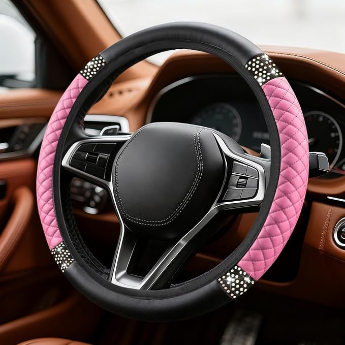 Bling Soft Leather Steering Wheel Cover, Steering Wheel Protector, 15 Inch Rhinestones Car Elastic Protector with Crystal Diamond for Women Girls, Car Accessory for Vehicles (Pink)
