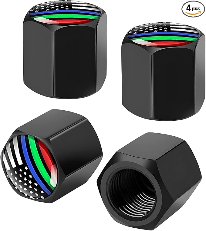 4 PCS Tire Valve Stem Caps, Cute Cow Print Airtight Dust Proof Tire Valve Covers, Corrosion Resistant Aluminum Wheel Stem Caps for Cars, Trucks, SUVs (Colourful Flag)