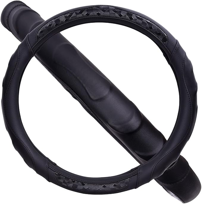 Faux Leather Heavy Duty Inner Ring car Steering Wheel Cover 14.5-15 inches (All Black)