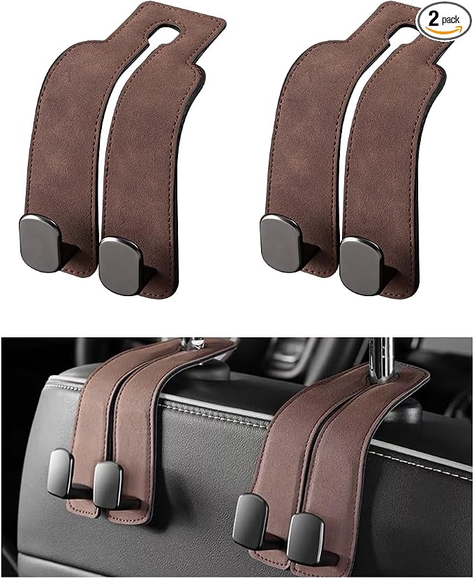 2 PCS Car Seat Headrest Hook, Back Seat Hanger with Double Flexible Leather Hooks, Soft Leather Double Headrest Metal Hooks Purse Handbag Organizer, Car Accessories (Brown)