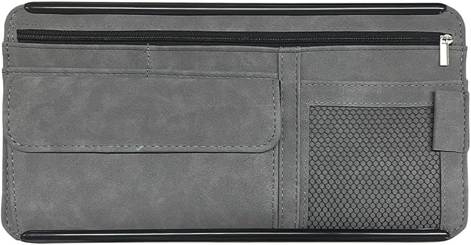 Suede Car Sun Visor Organizer with Multi-Pocket Net Zipper, Glasses Case, Sunglass Holder (Grey)