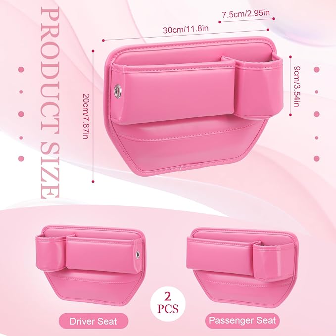 2 Pack Pink Car Seat Gap Filler Organizer with Cup Holder and Storage Leather Car Organizer for Keys Cards Phone Sunglasses and Small Items