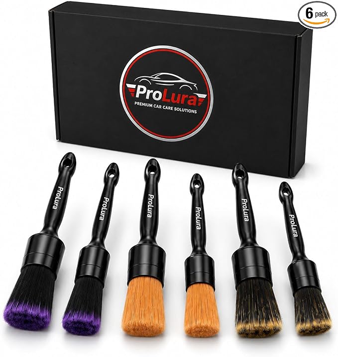 6PCS Car Detailing Brush Set - 2 Boar Hair Brushes, 2 Ultra Soft No-Scratch Brushes & 2 Medium Detail Brushes for Car Interior & Exterior Cleaning | Car Detailing kit