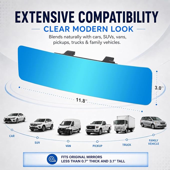 Anti Glare Wide Angle Car Rearview Mirror, 12'', Convex, Blue | Frameless Clip-On Rear View Mirror, Panoramic Interior Mirror for Cars, SUVs, Reduce Headlight Glare, Eliminate Blind Spots