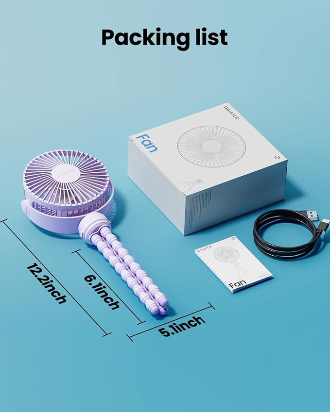 Mini Electric Fan with 360 Rotation, 5.5mm Gaps, Rechargeable Battery, 3 Speeds, Purple