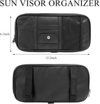Car Sun Visor Organizer, Double Zipper Leather Visor Storage Pouch with Multi-Pocket, Sunglass Holder Storage Pocket with Elastic Band for Cars SUVs Trucks, Car Accessories (Black)
