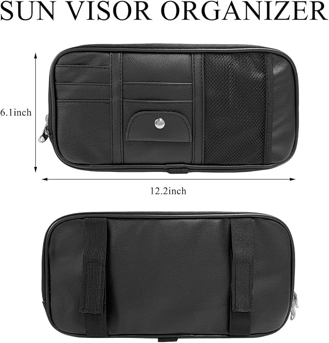 Car Sun Visor Organizer, Double Zipper Leather Visor Storage Pouch with Multi-Pocket, Sunglass Holder Storage Pocket with Elastic Band for Cars SUVs Trucks, Car Accessories (Black)