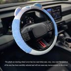 Car Steering Wheel Cover, 15 Inch Fluffy Soft Plush Auto Protector, Anti-Slip Elastic Lovely Car Cover Accessories with Kitty Cat Ears Universal for Most Vehicles (Fluffy-White+Blue)