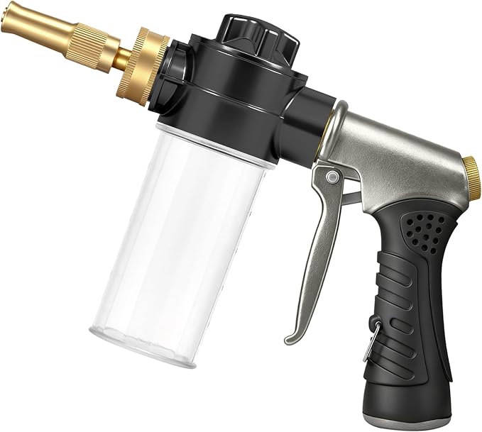High-Pressure Hose Nozzle Gun with 100cc Soap Dispenser, Metal Car Wash Sprayer for Car Cleaning, Solar Panel/Wall/Window Washing & Garden Watering (Foam Gun A)