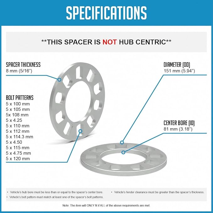 2 Pcs Die Cast Wheel Spacers 8mm 5/16" Thick Fits Bolt Patterns 5x100mm 5x105mm 5x108mm 5x4.25 5x110mm 5x112mm 5x114.30mm 5x4.50 5x115mm 5x4.75 5x120mm Fits 5 Lug Pass Cars