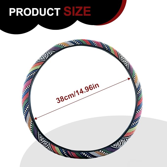 Boho Flax Cloth Steering Wheel Cover, Hippie Baja Blanket Anti-Slip Breathable Protector, Universal Fit 14.5-15 Inch for Cars SUV Van Truck, Women Car Interior Accessories (Style B)